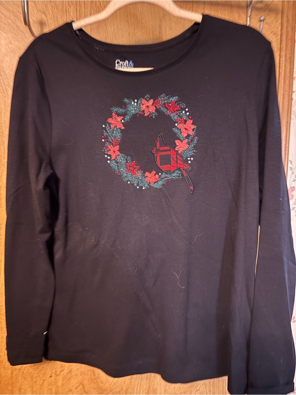 croft & barrow Black Long-Sleeve Tee with Holiday Wreath and Cardinal